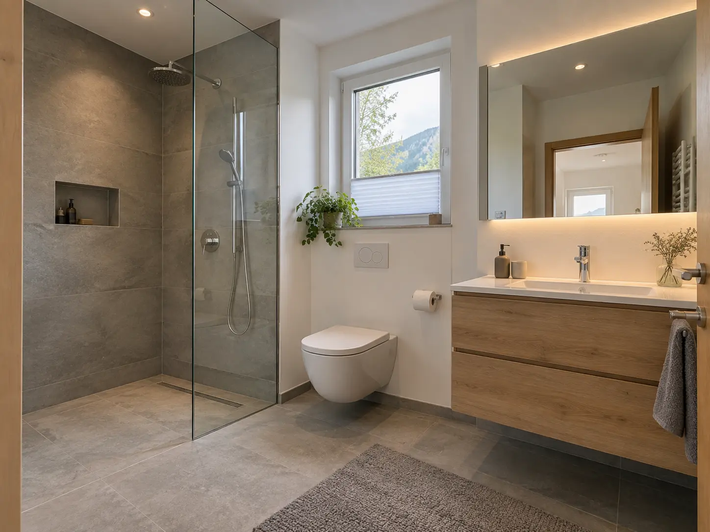Modernes kompaktes Badezimmer mit Dusche, WC und Holzwaschtisch